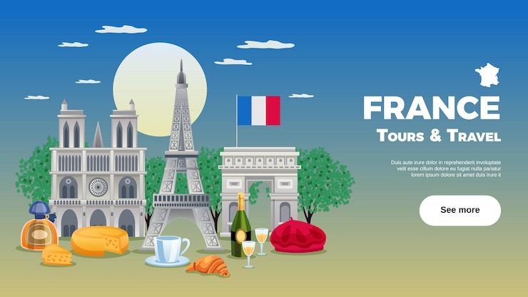 Vecteur gratuit illustration de voyage de france avec des sites et des symboles de cuisine plats