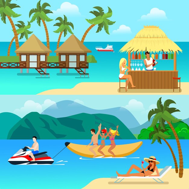 Illustrations d'activités de villégiature tropicale de style plat. Blonde sexy sur bungalow bar de plage