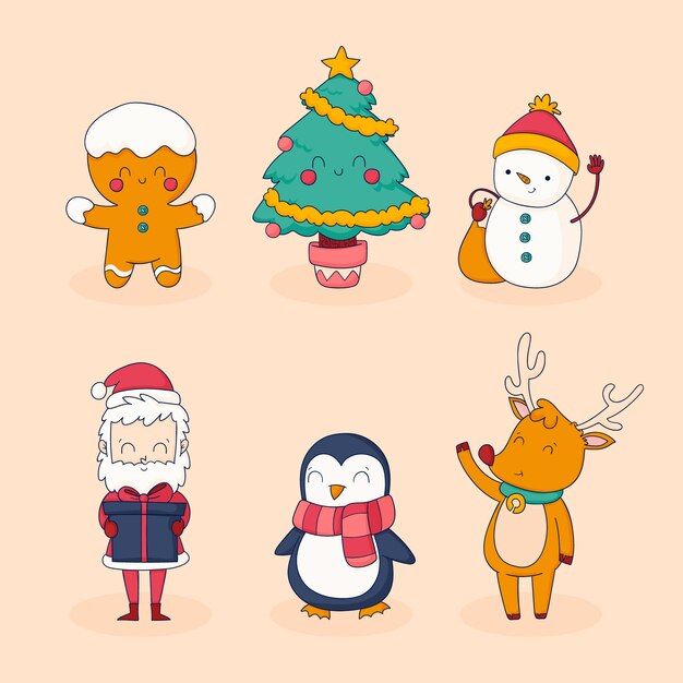 Illustrations de dessins animés de Noël dessinées à la main
