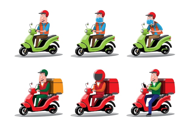 Vecteur gratuit illustrations de diverses motos colorées livraison pizza vélo et livraison de nourriture