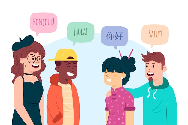 Vecteur gratuit illustrations de jeunes parlant différentes langues