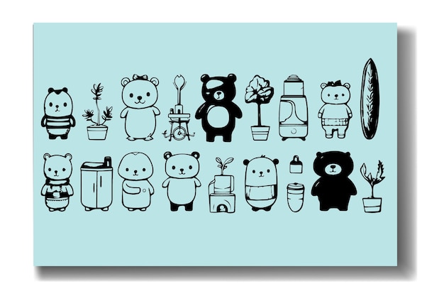 Illustrations d'ours mignons diverses poses et objets fond bleu clair utilisation possible carte de vœux de livre pour enfants