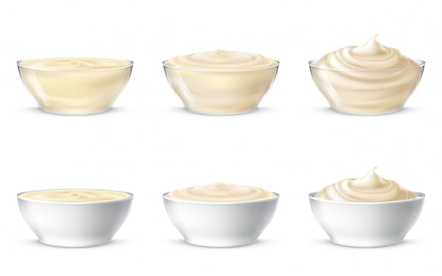 Vecteur gratuit illustrations vectorielles de mayonnaise, crème sure, sauce, crème sucrée, yaourt, crème cosmétiques