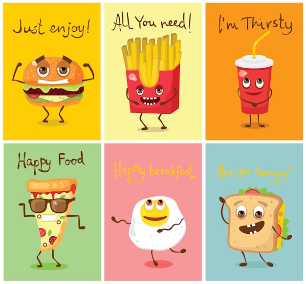 Illustrations vectorielles de personnages de nourriture drôle de dessin animé - cupcake, hamburger et pizza avec émotions