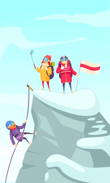 Vecteur gratuit image de dessin animé d'alpinisme avec des alpinistes ascendant pic rocheux et faisant selfie sur le dessus