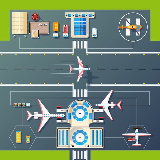 Vecteur gratuit image de dessus de pistes de l'aéroport vue à plat