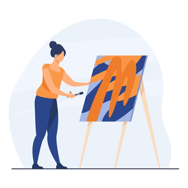 Image de peinture d'artiste féminin. Femme avec pinceau, chevalet, oeuvre d'art en studio. Illustration de bande dessinée