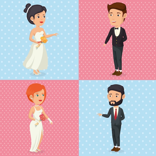 Vecteur gratuit image romantique de personnages juste mariés posant