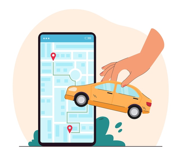 Immense Smartphone Avec Carte De La Ville à L'écran Et Grande Main Tenant La Voiture. Personne Utilisant L'application Pour Créer Un Itinéraire Vers L'illustration Vectorielle Plane De Destination. Service De Taxi, Navigation, Concept De Transport Pour Bannière