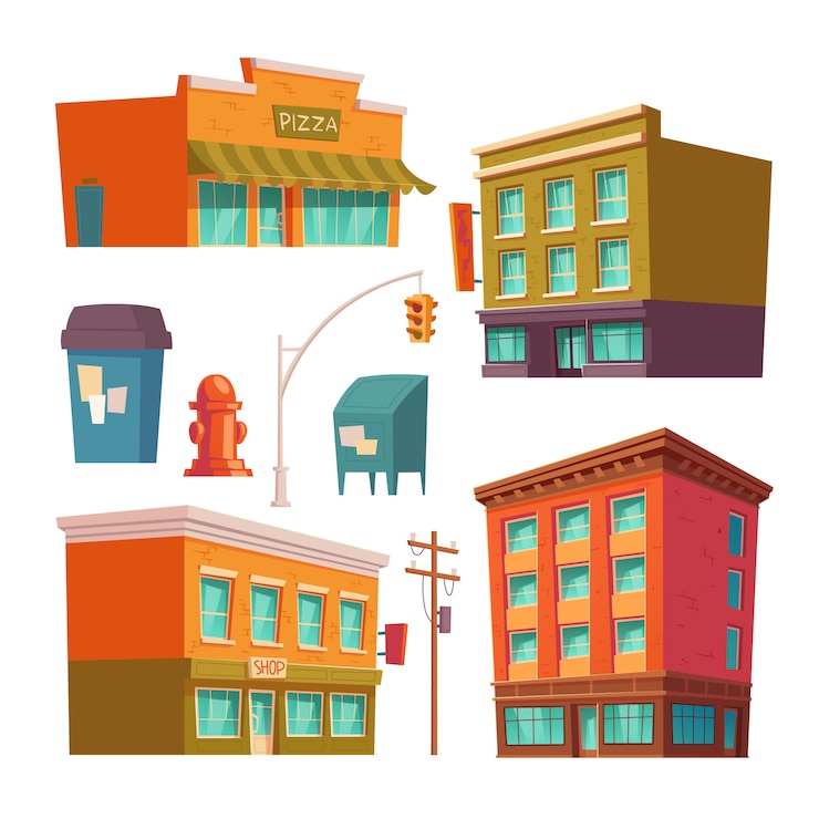 Vecteur gratuit immeubles de la ville avec appartements et commerces