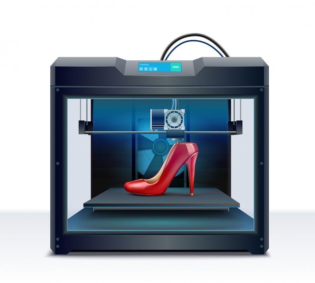 Vecteur gratuit impression 3d de processus de chaussures à talons hauts rouges composition isométrique illustration vectorielle