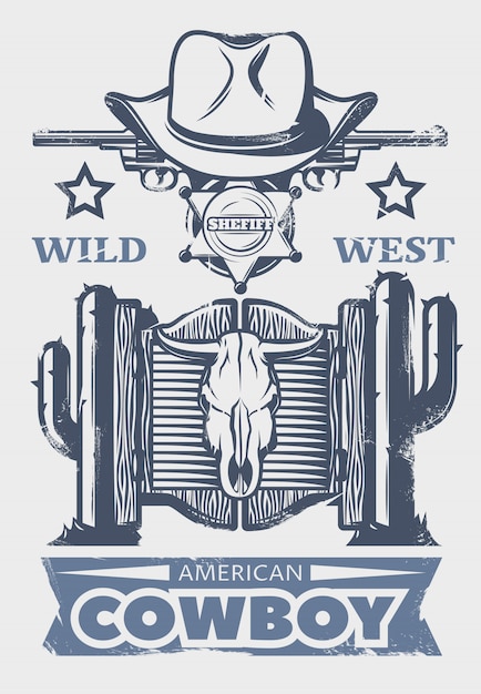 Vecteur gratuit impression ou affiche de far west avec le titre de cowboy américain et les attributs et éléments de cowboys