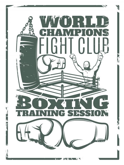 Impression usée monochrome de boxe avec anneau et gants de sac de boxe combattant