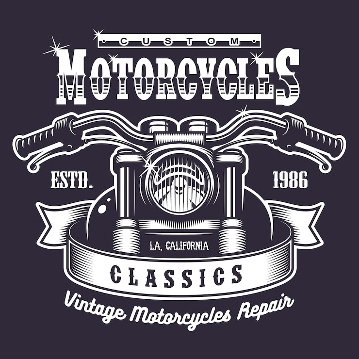 Vecteur gratuit imprimé moto vintage. monochrome sur fond sombre