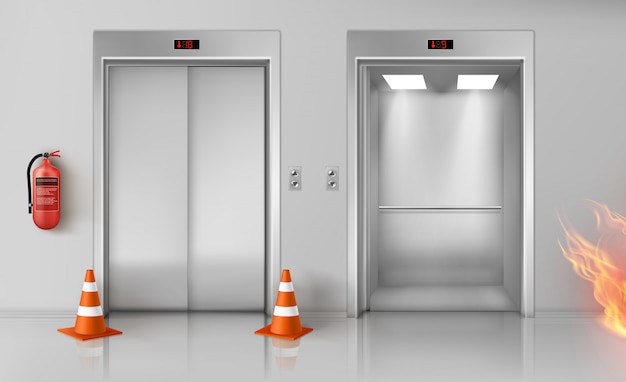 Vecteur gratuit incendie dans le couloir, les portes d'ascenseur et l'extincteur
