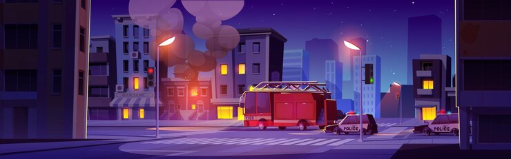 Incendie dans la maison et camion de pompier la nuit
