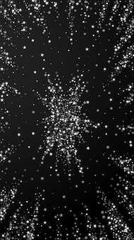 Incroyable fond de noël étoiles filantes. flocons de neige volants subtils et étoiles sur fond noir. modèle de superposition de flocon de neige argenté d'hiver adorable. illustration verticale galbée.
