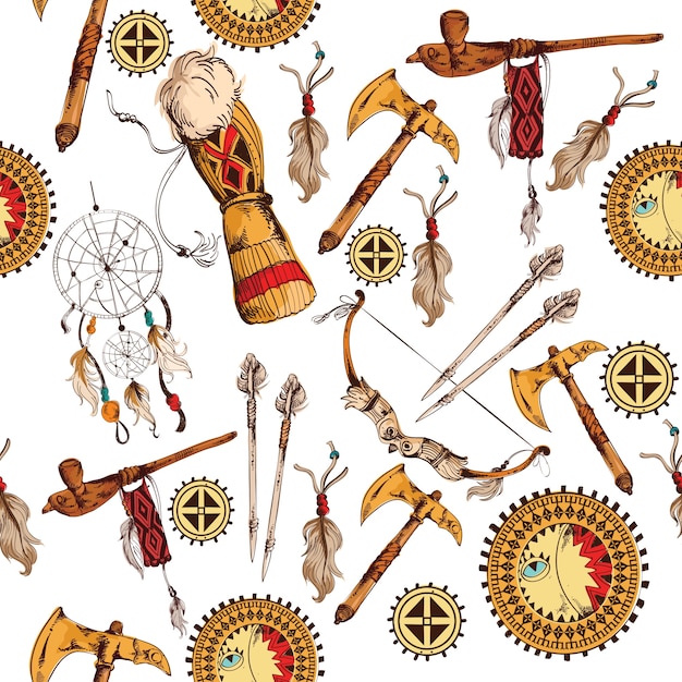 Vecteur gratuit indien ethnique indigène indien tribus main dessinée seamless fond coloré illustration vectorielle