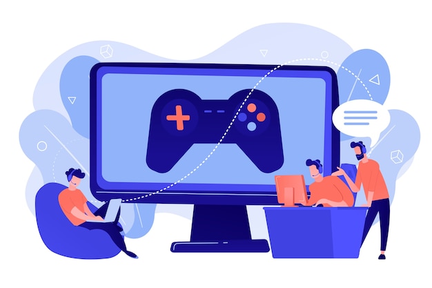 Vecteur gratuit industrie du jeu vidéo, formation cybersport. coaching e-sport, cours avec des joueurs professionnels, plateforme de coaching e-sport, jouez comme un concept pro. illustration isolée de bleu corail rose