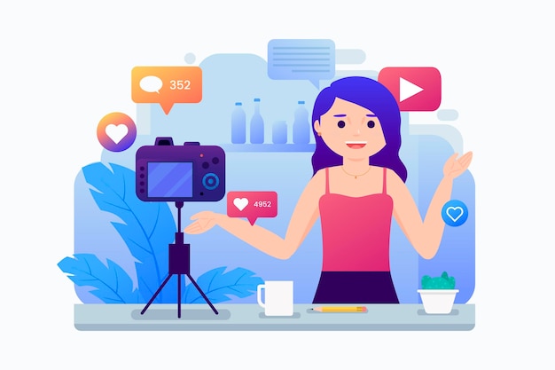 Vecteur gratuit un influenceur enregistre un nouveau concept vidéo