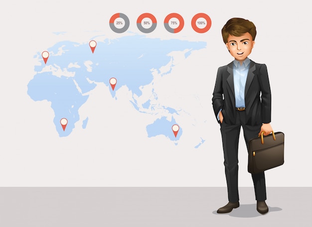 Vecteur gratuit infographie avec carte du monde et homme d'affaires