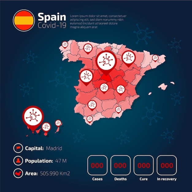 Vecteur gratuit infographie de la carte du pays covid-19 espagne