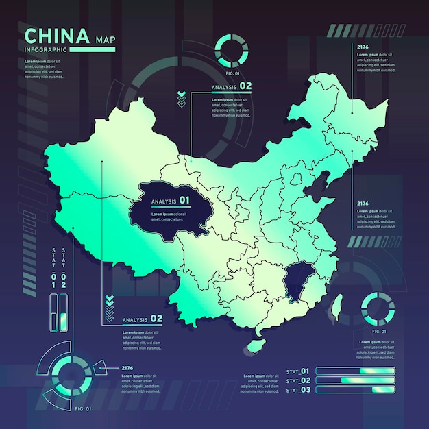 Vecteur gratuit infographie de la carte néon de chine au design plat