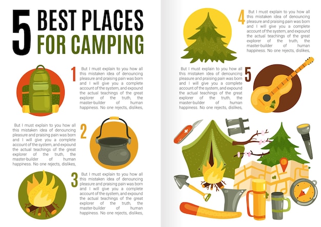 Infographie De Conception Plate Avec Champ De Texte Présentant Des Informations Sur Les Meilleurs Emplacements De Camping Et L'équipement Nécessaire