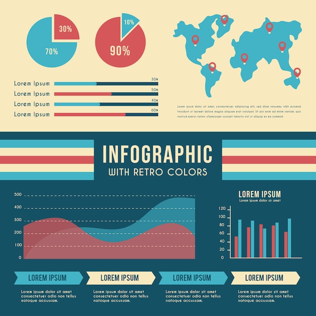 Vecteur gratuit infographie avec couleurs rétro et carte du monde