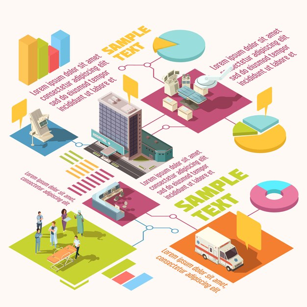 Infographie d&#39;hôpital isométrique coloré avec exemple de texte