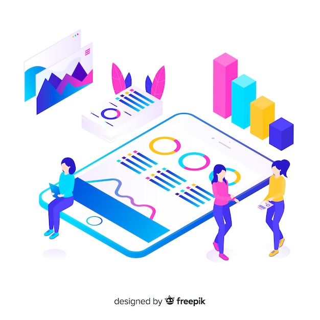 Infographie isométrique avec des graphiques et des personnes