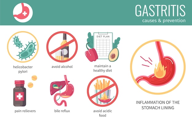 Vecteur gratuit infographie plate rgo avec causes de gastrite et symboles de prévention illustration vectorielle