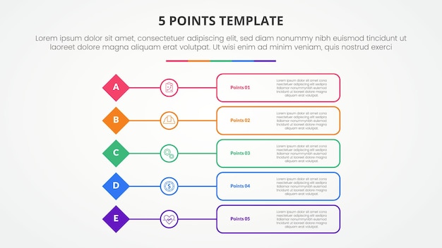 Vecteur gratuit infographie de scène en 5 points pour la présentation de diapositives en forme de diamant avec description de boîte de contour