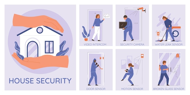 Vecteur gratuit infographie de sécurité à domicile sertie d'illustration vectorielle plane de symboles de capteur de porte