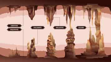 Vecteur gratuit infographie de stalactites stalagmites avec paysages de grottes et légendes de texte modifiables pointant vers différents types d'illustration de glaçons