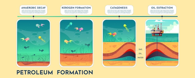 Vecteur gratuit infographie de vecteur de dessin animé de formation de pétrole avec les phases de processus