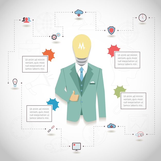 Vecteur gratuit infographie de vecteur de référencement avec homme en costume avec tête d'ampoule et blocs de texte