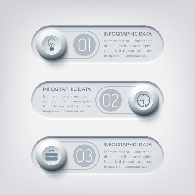 Vecteur gratuit infographie web entreprise avec trois bannières horizontales rondes boutons et icônes dans des couleurs grises