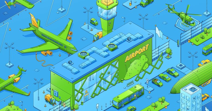 Infrastructure et transport aéroportuaires isométriques