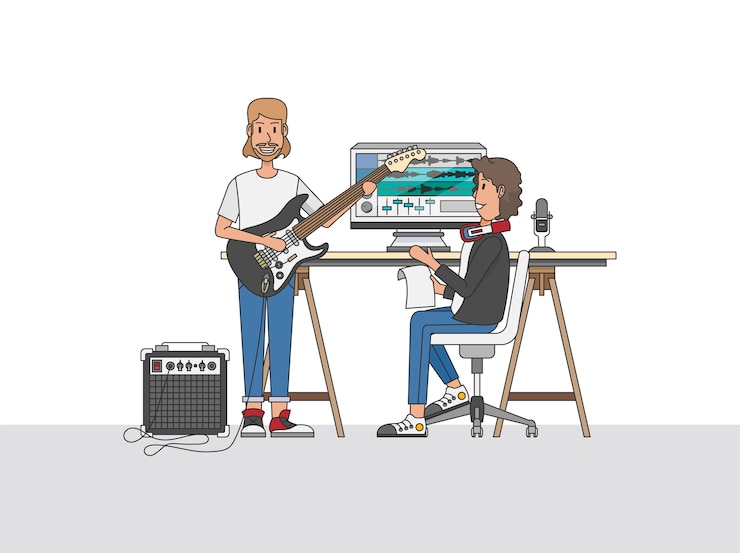 Vecteur gratuit un ingénieur du son ou un producteur de musique collaborant