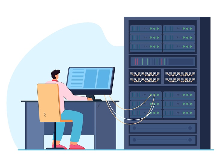Vecteur gratuit ingénieur homme travaillant sur le standard du rack du serveur informatique. armoire de panneau de commutation guy avec câbles optiques ethernet branchés. télécommunications, concept d'ingénierie. illustration plate