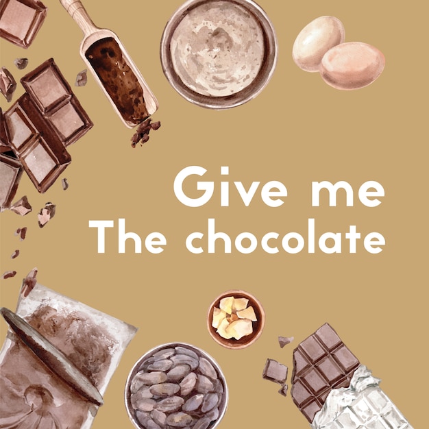 Vecteur gratuit ingrédients d'aquarelle au chocolat faisant la boulangerie au chocolat, oeuf, beurre, illustration