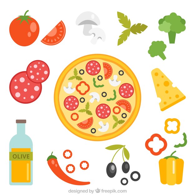 Ingrédients de la pizza sur un fond blanc