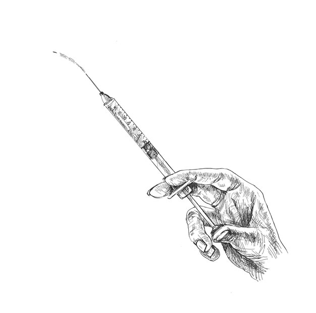 Injection médicale de seringue en main avec des icônes médicales définies Illustration vectorielle