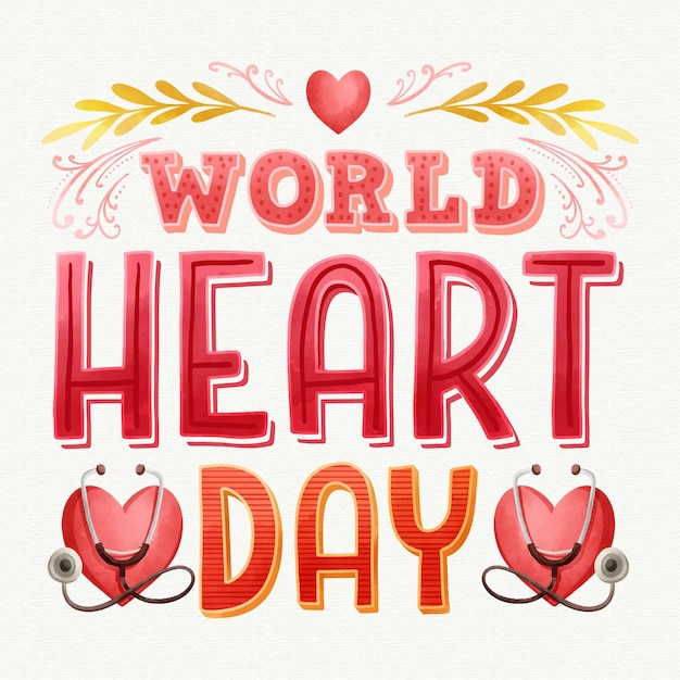 Vecteur gratuit inscription de la journée mondiale du coeur aquarelle avec coeur et stéthoscopes