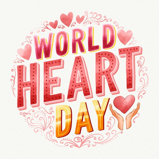 Inscription de la journée mondiale du coeur aquarelle avec des coeurs