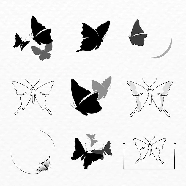 Vecteur gratuit insigne de logo papillon, ensemble de design plat vectoriel esthétique noir