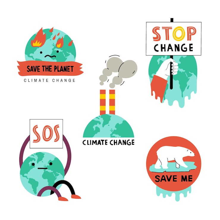 Vecteur gratuit insignes de changement climatique dessinés à la main