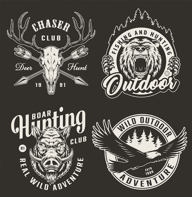 Insignes De Club De Chasse Monochrome Vintage