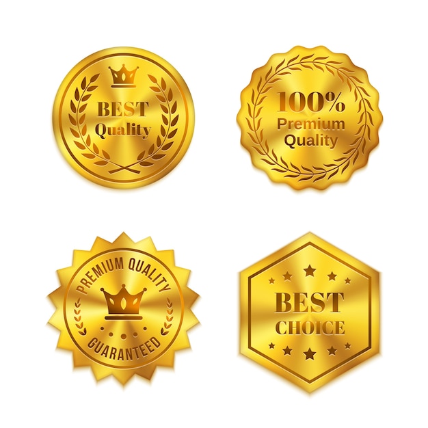 Vecteur gratuit insignes en métal doré isolés sur fond blanc. meilleure qualité, meilleur choix, garantie